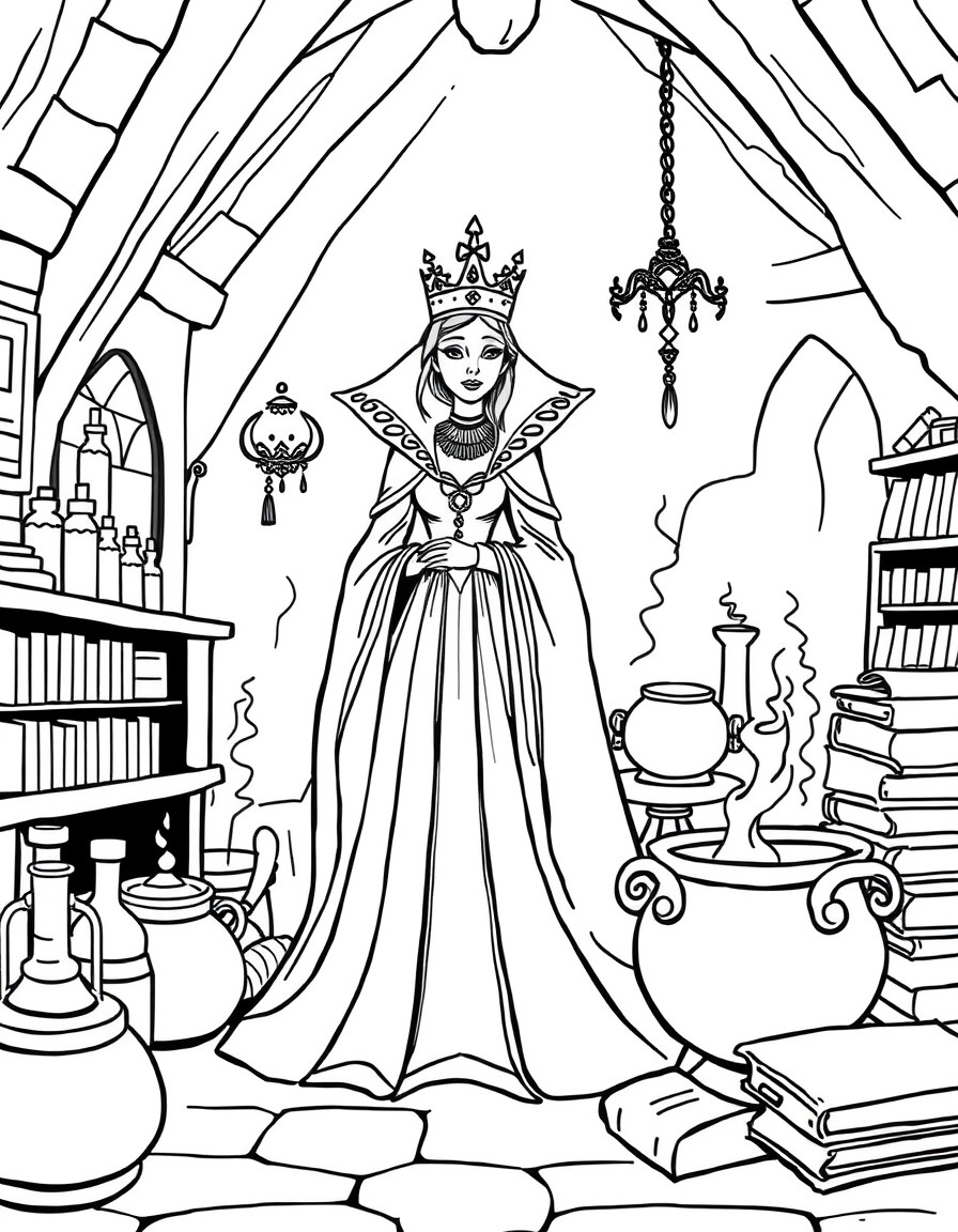 The Queen wearing a dark gown and crown, standing in her dimly-lit potion room surrounded by potions, a cauldron, and mysterious books.