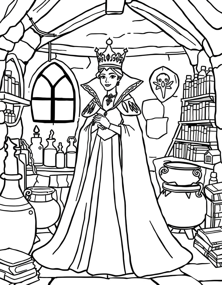 The Queen wearing a dark gown and crown, standing in her dimly-lit potion room surrounded by potions, a cauldron, and mysterious books.