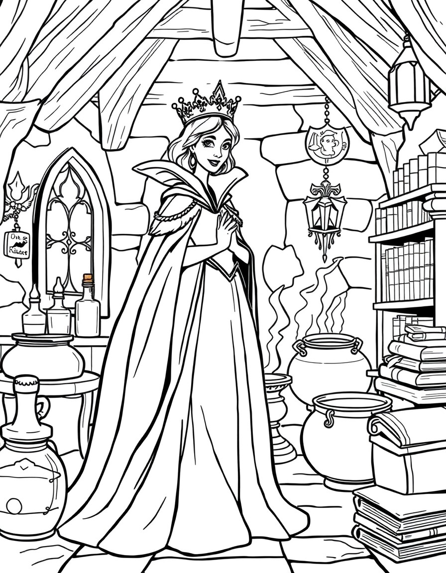 The Queen wearing a dark gown and crown, standing in her dimly-lit potion room surrounded by potions, a cauldron, and mysterious books.