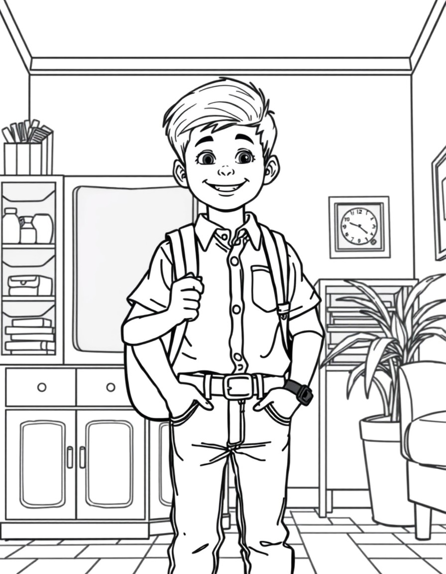 a cheerful young boy standing confidently in a cozy room, ready to head to school. He is wearing a button-up shirt and jeans, with a backpack slung comfortably over one shoulder. On his wrist is a dig