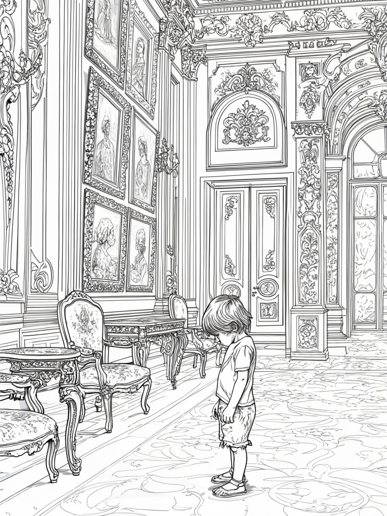 poor child standing inside a palace watching the beautiful paintings and furniture