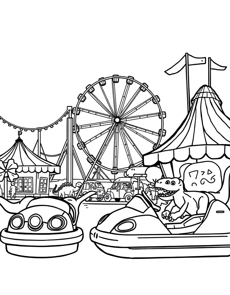 A carnival scene featuring roller coasters, cotton candy stands, and bumper cars full of dinosaurs