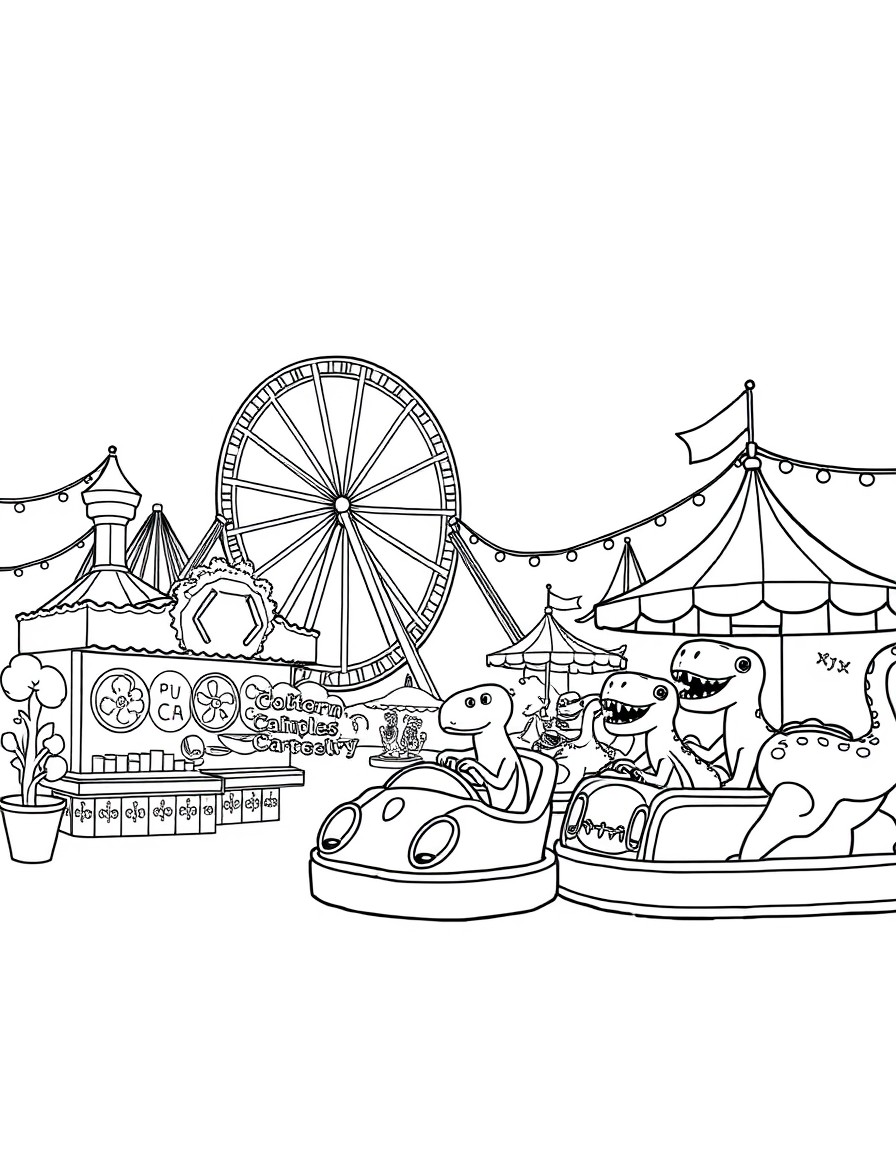 A carnival scene featuring roller coasters, cotton candy stands, and bumper cars full of dinosaurs