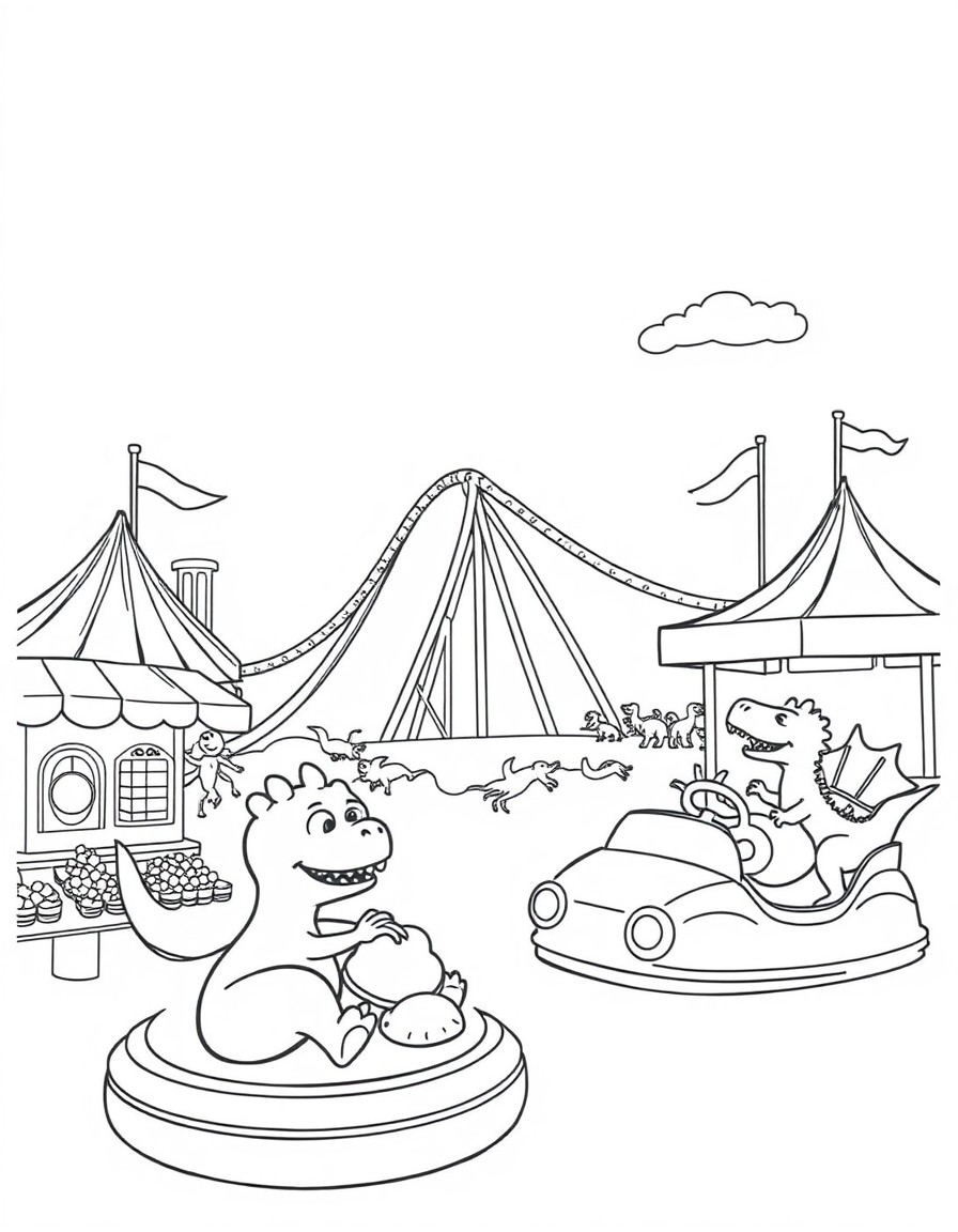 A carnival scene featuring roller coasters, cotton candy stands, and bumper cars full of dinosaurs