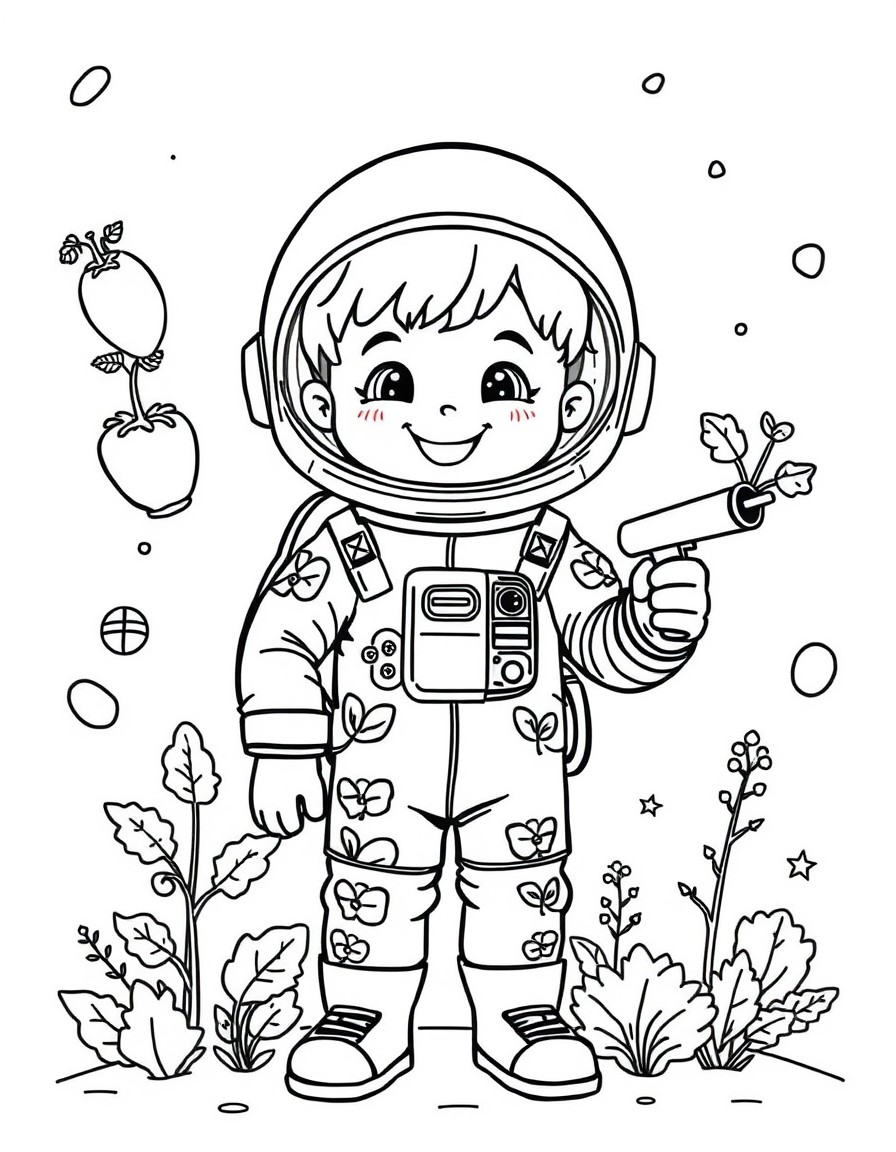 Line art coloring page of a smiling child as a space farmer, wearing a space suit with plant patterns, holding a watering device for zero-gravity plants, surrounded by floating vegetables and hydropon