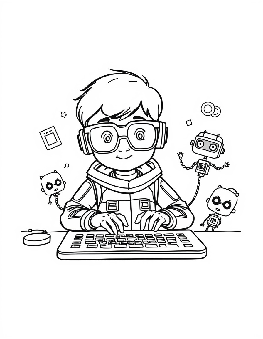 Line art coloring page of a child AI programmer with futuristic glasses, typing on a holographic keyboard, surrounded by cute mini-robots and floating code symbols. Cartoon style, thick outlines, blac