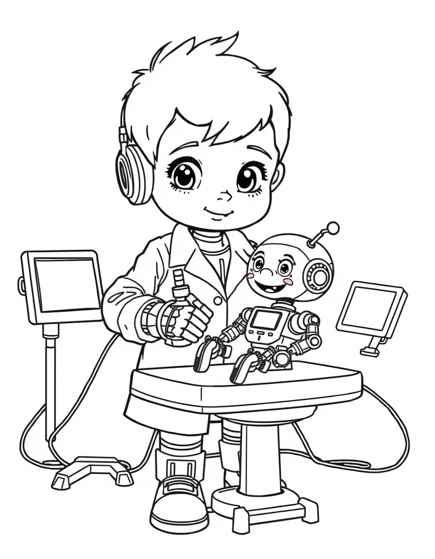 Line art coloring page of a child as a robot doctor, wearing a lab coat with circuits, using futuristic tools to fix a happy robot on an operating table, wires and screens around. Cartoon style, clean