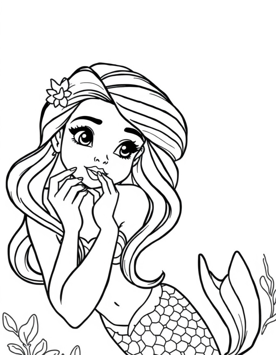 A beautiful young mermaid putting on makeup