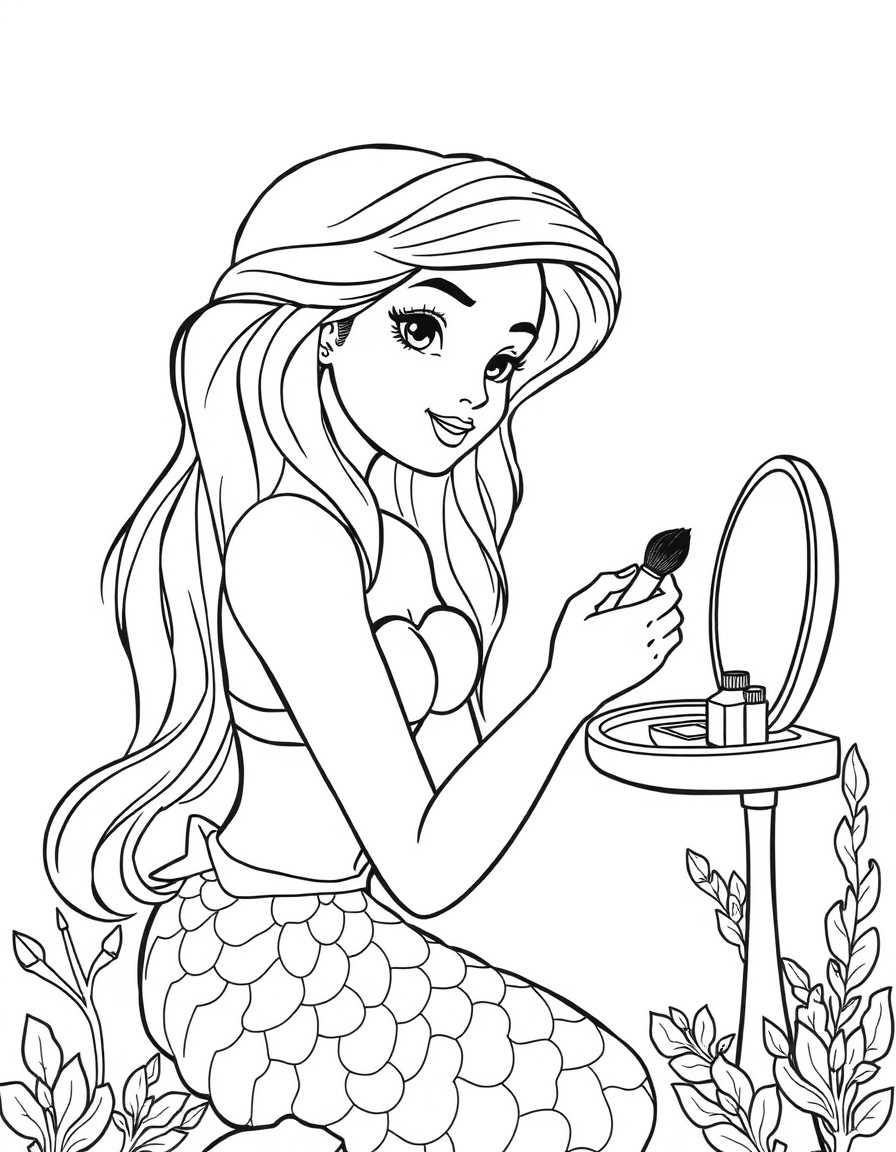 A beautiful young mermaid putting on makeup