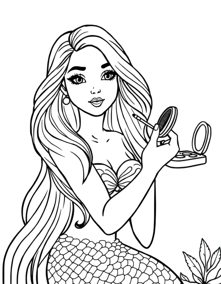 A beautiful young mermaid putting on makeup