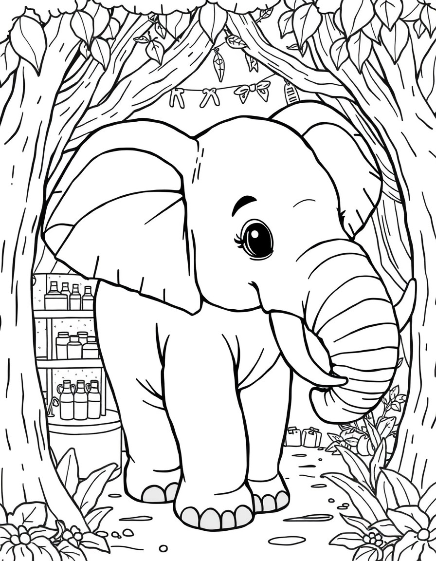 A extreme close-up of an elephant, three-quarter view to the right, in a cozy treehouse interior, kawaii style.