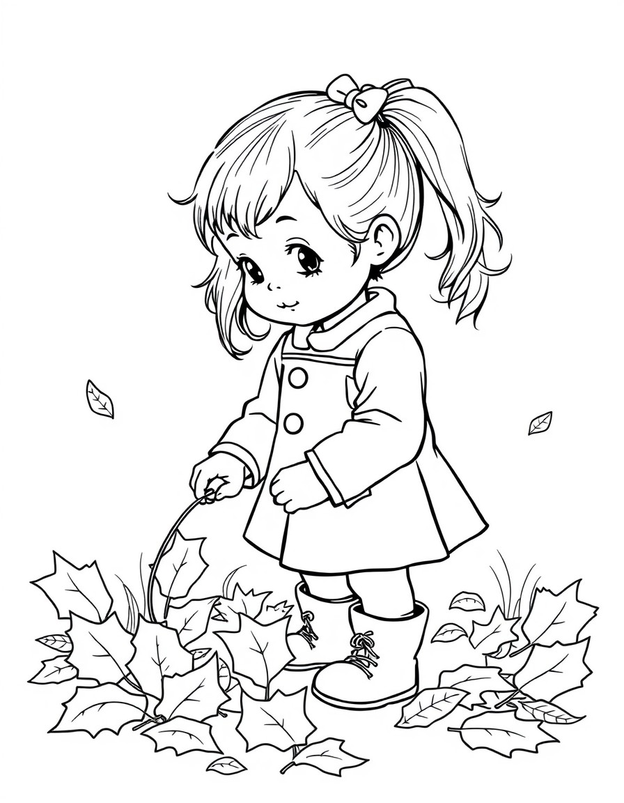 cute girl toddler with pig tails picking up fallen leaves