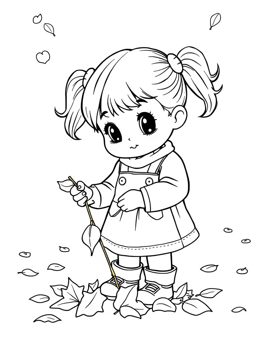 cute girl toddler with pig tails picking up fallen leaves