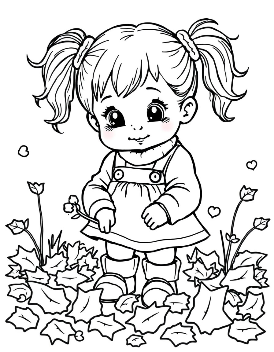 cute girl toddler with pig tails picking up fallen leaves
