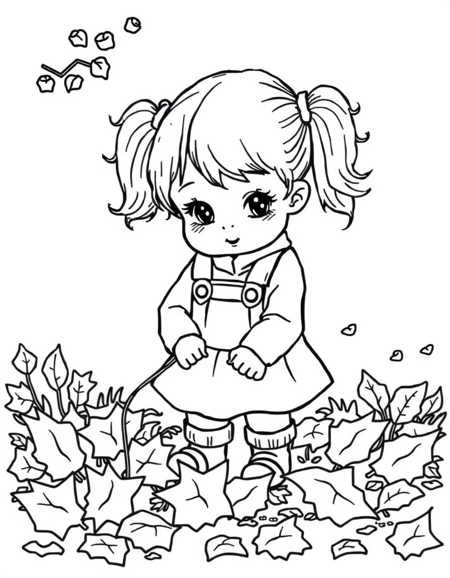 cute girl toddler with pig tails picking up fallen leaves
