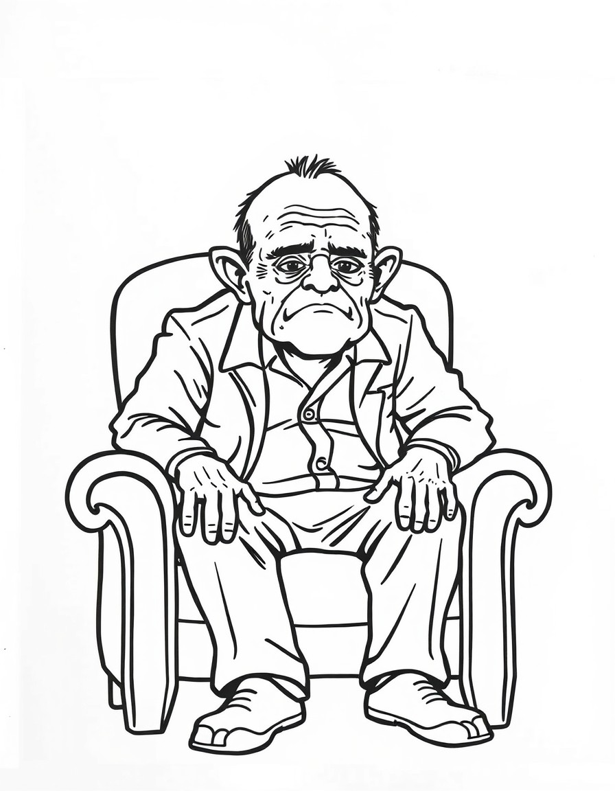 Man with shrunken head sitting in chair