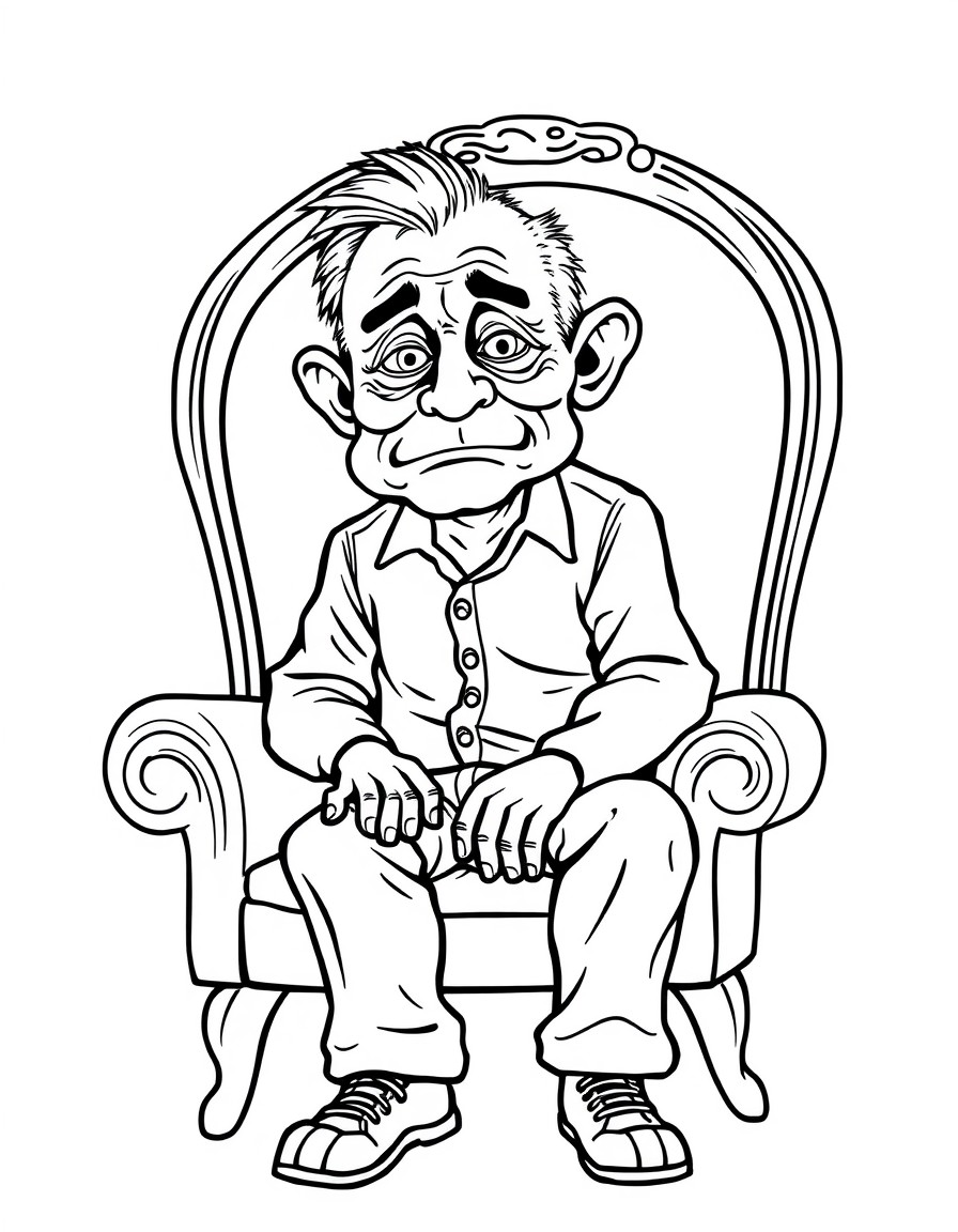 Man with shrunken head sitting in chair