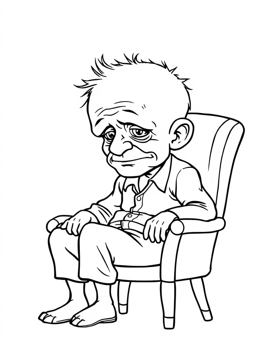 Man with shrunken head sitting in chair