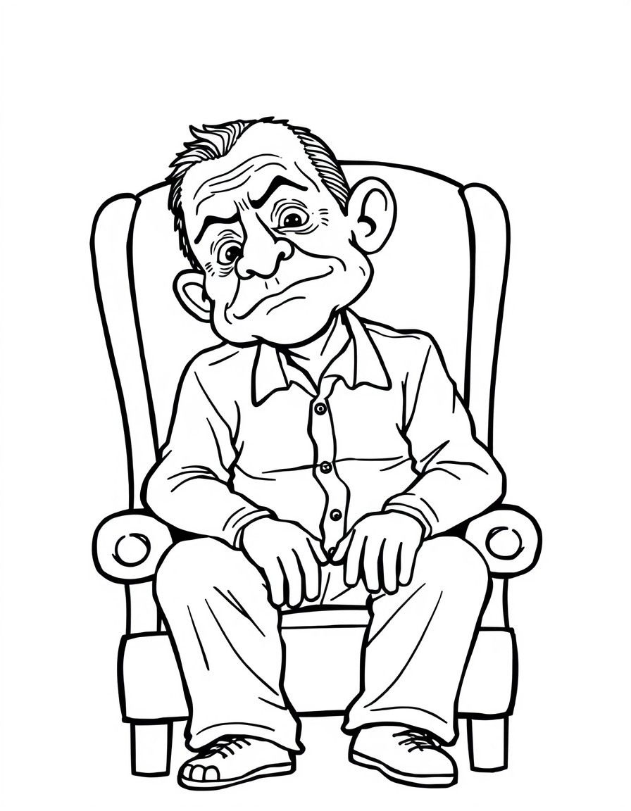 Man with shrunken head sitting in chair