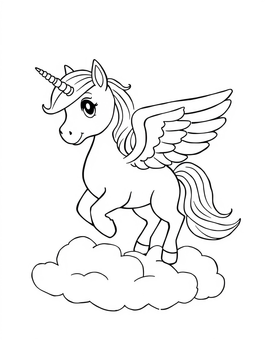 little pegasus with raibow colors, on clouds