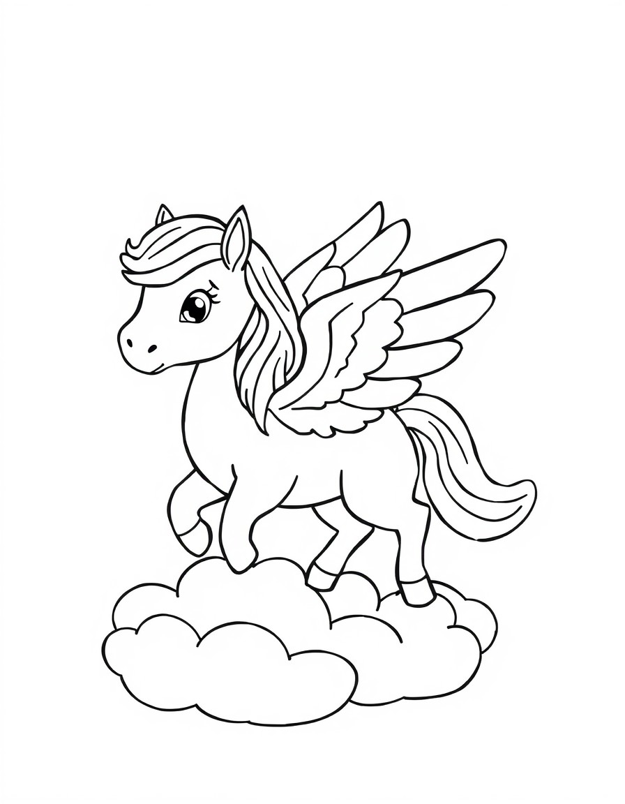 little pegasus with raibow colors, on clouds