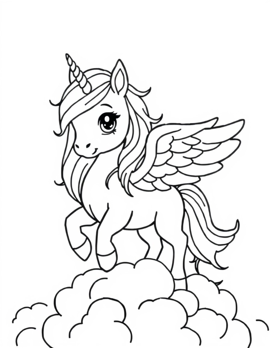 little pegasus with raibow colors, on clouds