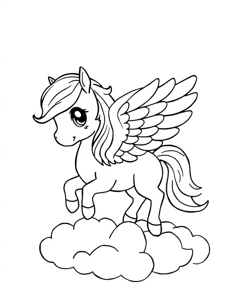 little pegasus with raibow colors, on clouds