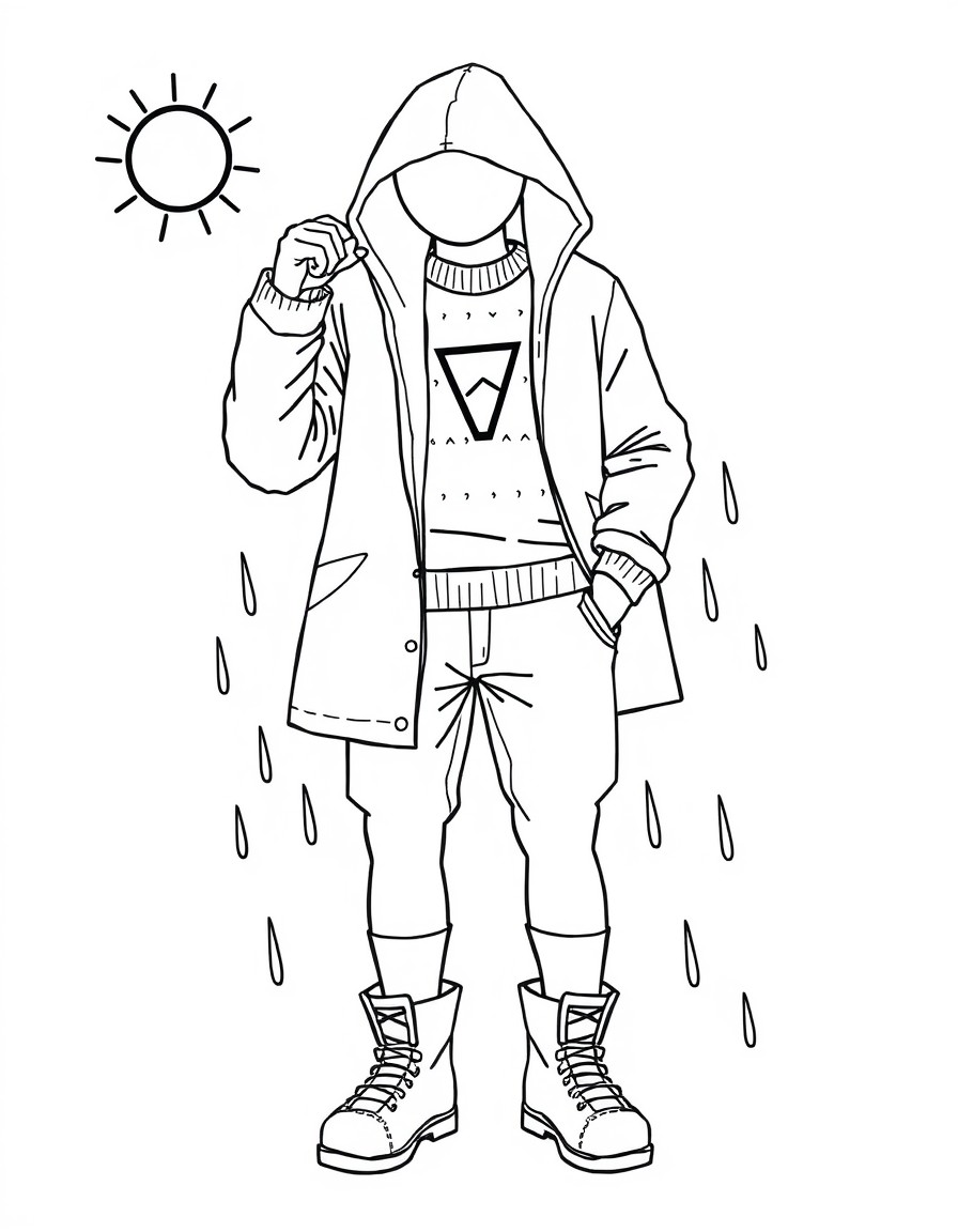 Raincoat Shorts Sweater T-shirt Sunny Windy Rainy 5 Yellow Triangle Boots Pants Shoes Socks Put on Take off
