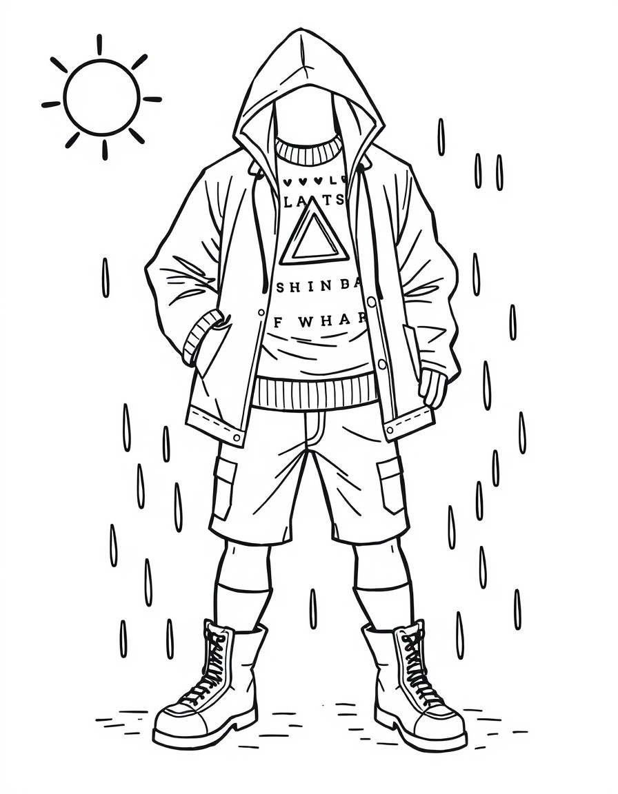 Raincoat Shorts Sweater T-shirt Sunny Windy Rainy 5 Yellow Triangle Boots Pants Shoes Socks Put on Take off