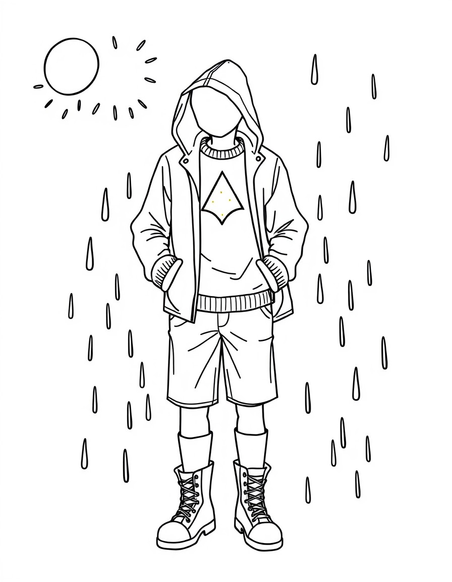 Raincoat Shorts Sweater T-shirt Sunny Windy Rainy 5 Yellow Triangle Boots Pants Shoes Socks Put on Take off