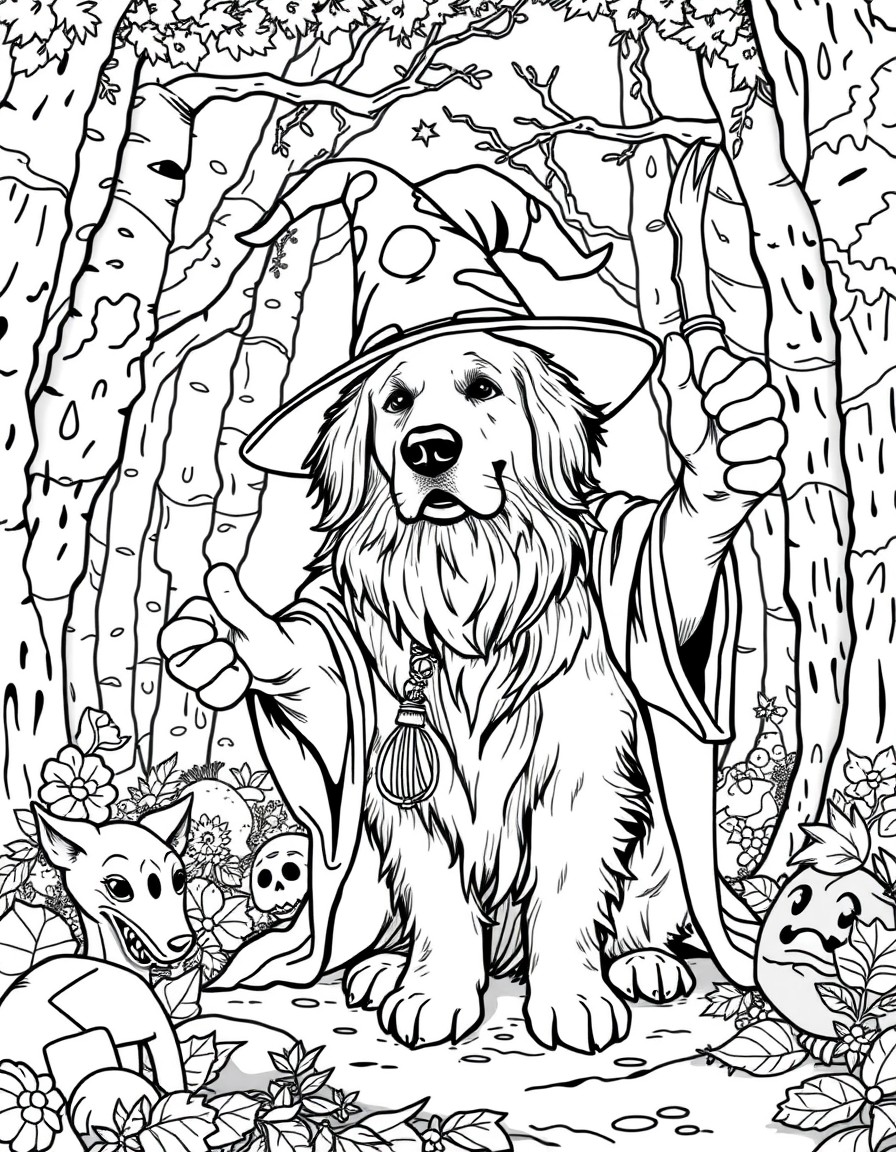 golden retriever wizard casting spells in an enchanted forest.