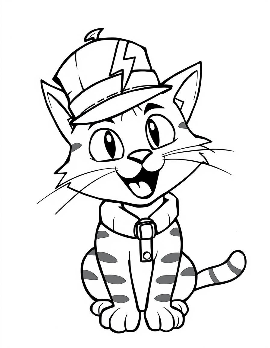 Petey the cat from Dogman in jail. He is wearing a hat that has a lightning bolt symbol