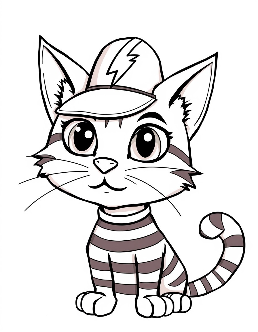 Petey the cat from Dogman in jail. He is wearing a hat that has a lightning bolt symbol