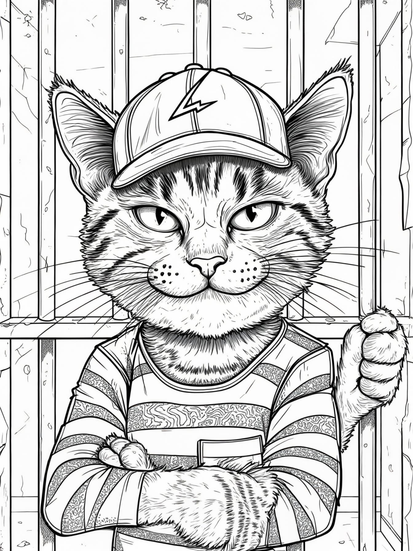 Petey the cat from the Dogman books who is in jail. He is wearing a baseball hat with a lightning bolt symbol.