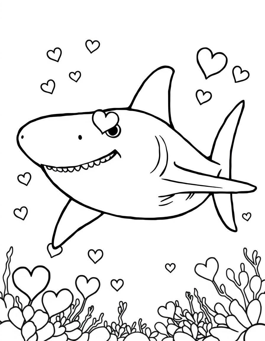 a cute hammerhead shark with heart eyes and a valentine's day ocean background