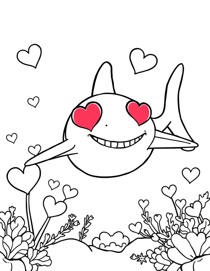 a cute hammerhead shark with heart eyes and a valentine's day ocean background