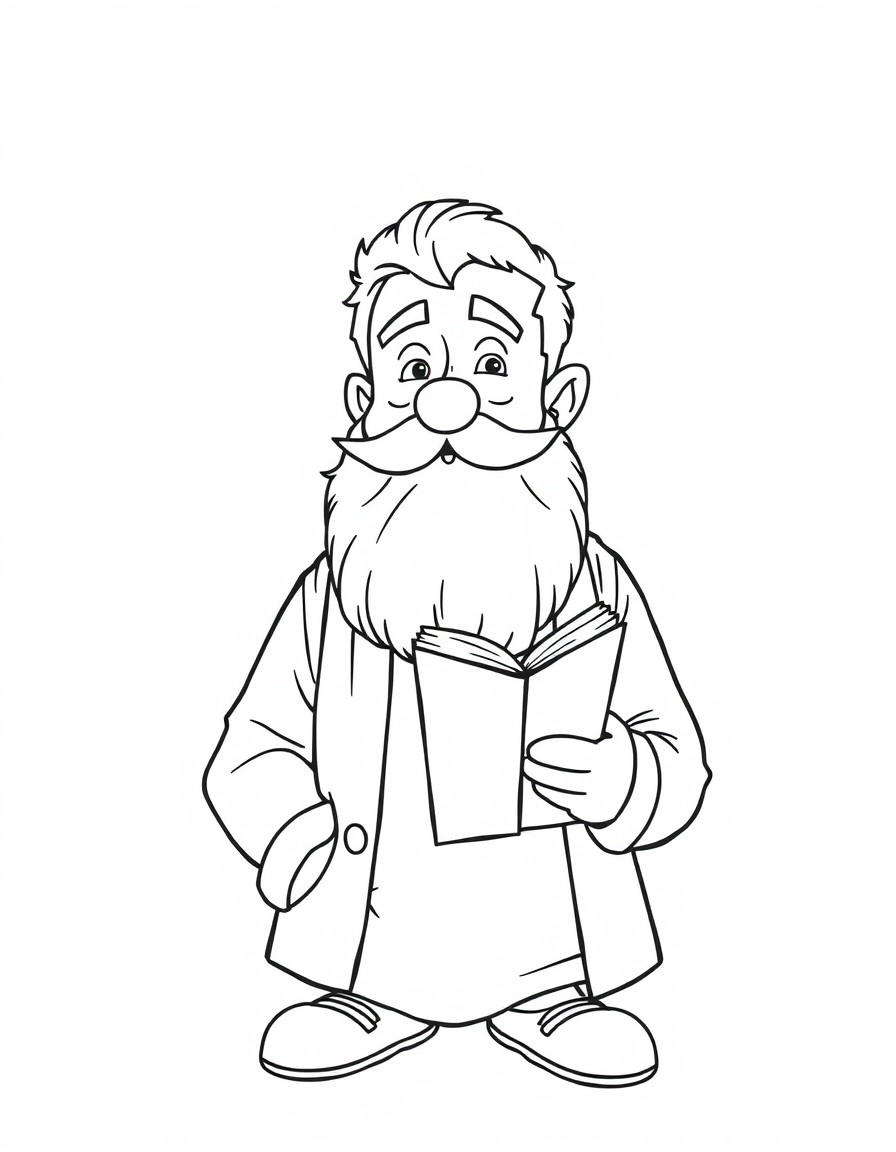 Een levendige kleurplaat met in de hoofdrol een boekhouder met een grote baard en de naam Mark op zijn borst. hij zit in een kantoor wordt omgeven door oude vrouwtjes, mappen en computerschermen met c