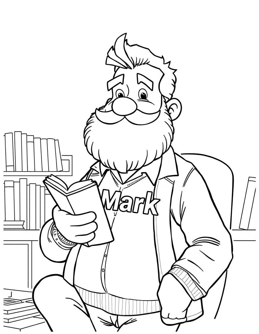 Een levendige kleurplaat met in de hoofdrol een boekhouder met een grote baard en de naam Mark op zijn borst. hij zit in een kantoor wordt omgeven door oude vrouwtjes, mappen en computerschermen met c