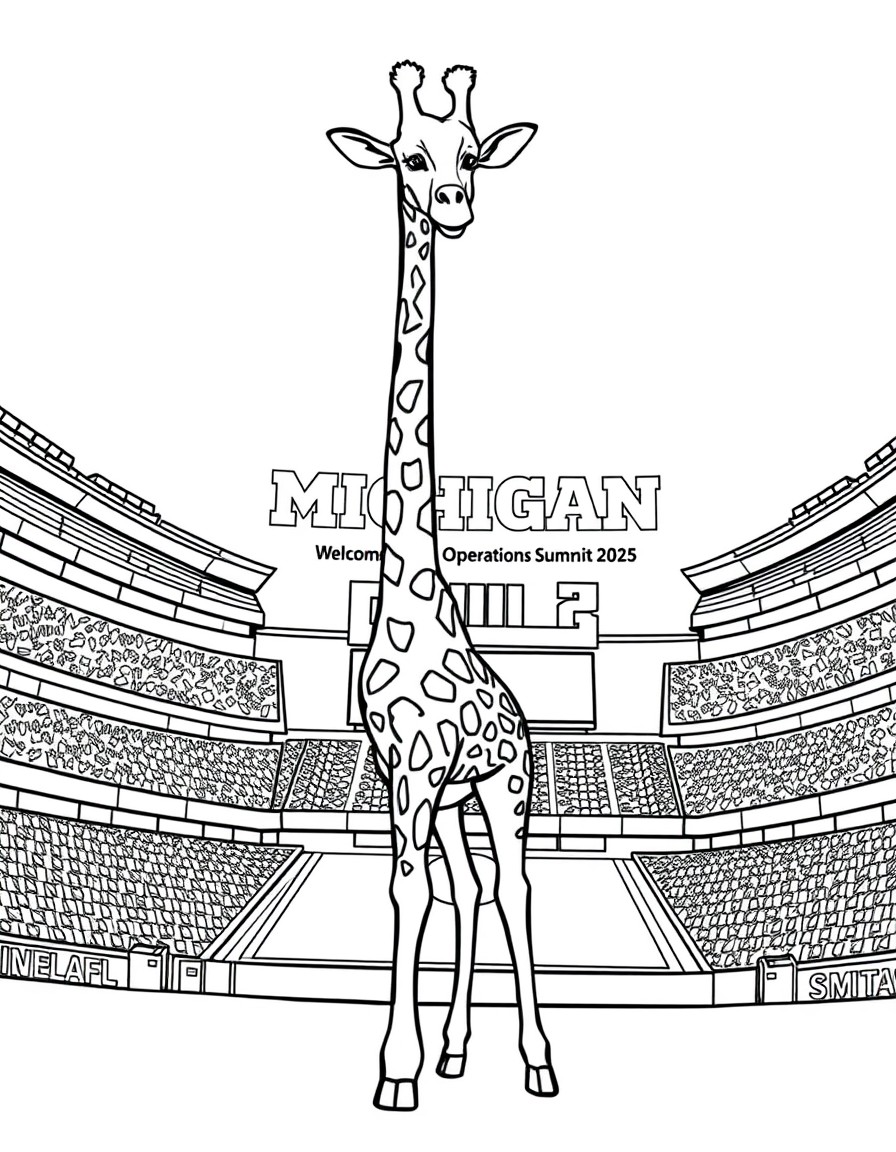 A giraffe in the University of Michigan football stadium and the text Welcome to the Operations Team Summit 2025 in the background