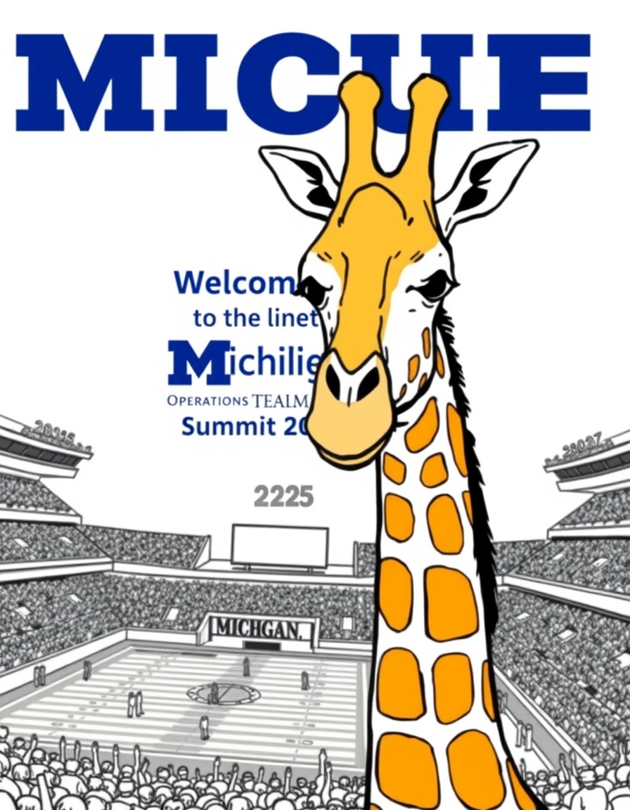 A giraffe in the University of Michigan football stadium and the text Welcome to the Operations Team Summit 2025 in the background