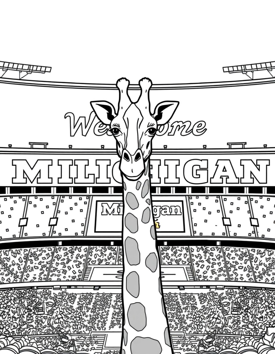 A giraffe in the University of Michigan football stadium and the text Welcome in the background