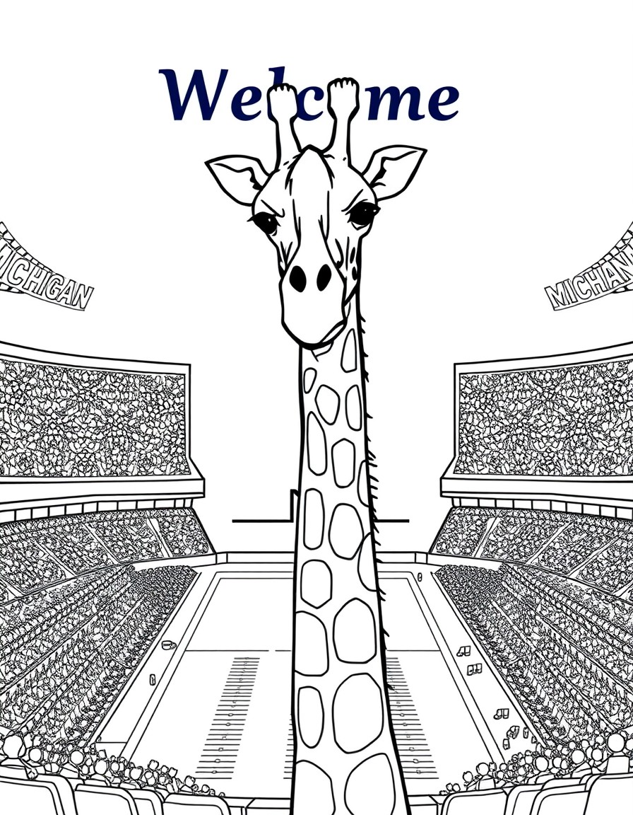 A giraffe in the University of Michigan football stadium and the text Welcome in the background