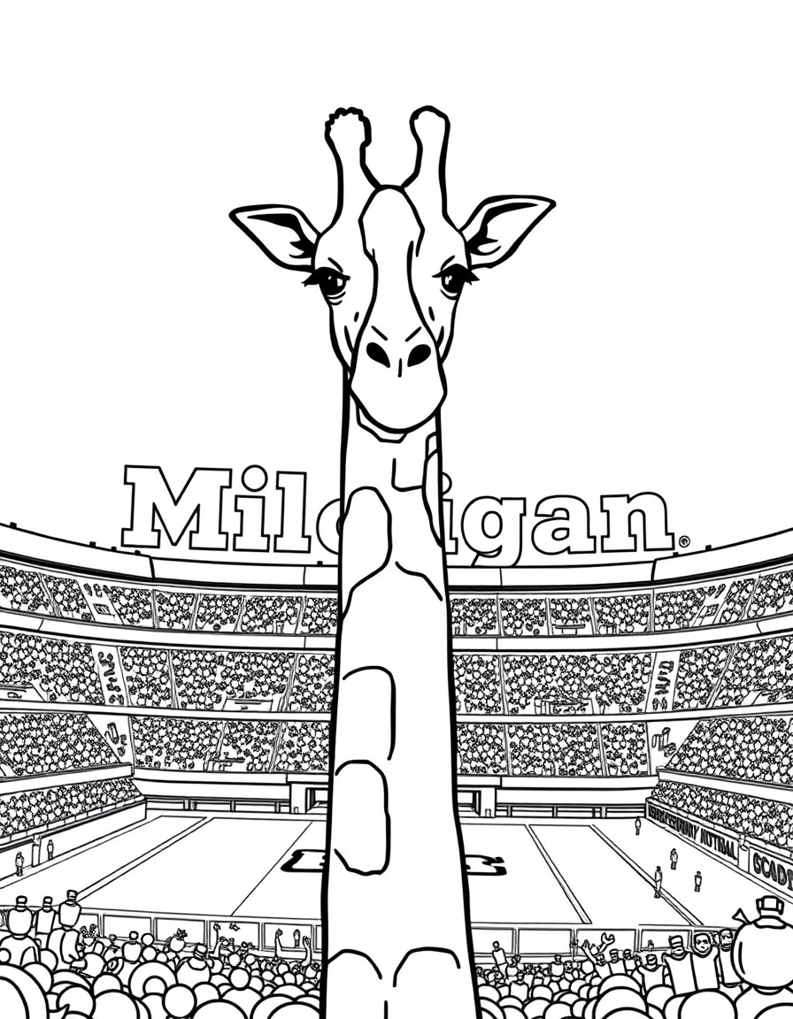 A giraffe in the University of Michigan football stadium and the text Welcome in the background