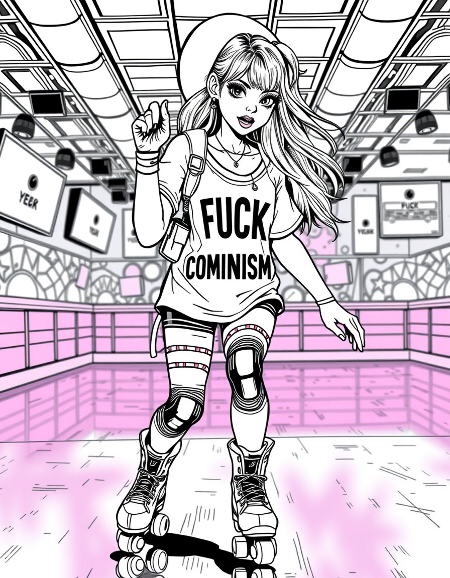 a 19 year old sexy girl roller skating in a disco rink with a cyberpunk outfit on with the name "FUCK COMMUNISM" on the shirt