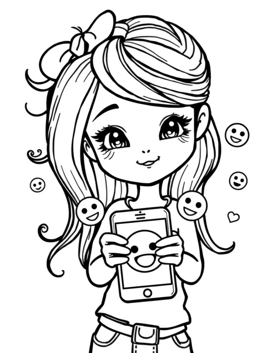 a cool girld with a cute little mobile phone with a cute face on the screen, emojies flying around it