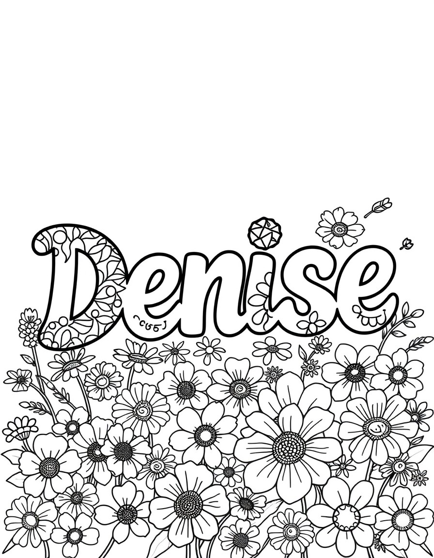 "Denise" in bold and bubbly font with Zentangle styled drawing inside the fonts individual letters. Multiple types of flowers scattered around in the background for a clean and bold line art style flo