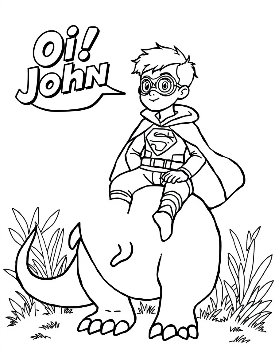 super-heroi menino sentado em um dinossauro falando 'Oi John' ao fundo