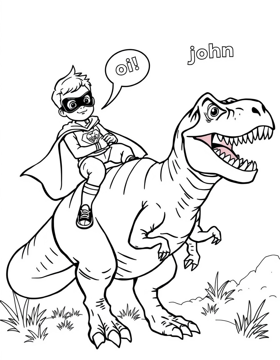 superhero boy riding on top of a rex dinosaur talking 'oi john' in the background