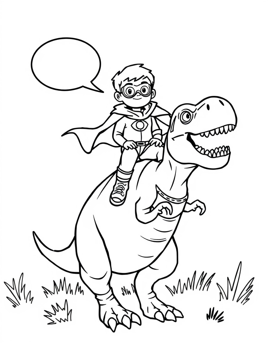 superhero boy riding on top of a rex dinosaur talking 'oi john' in the background