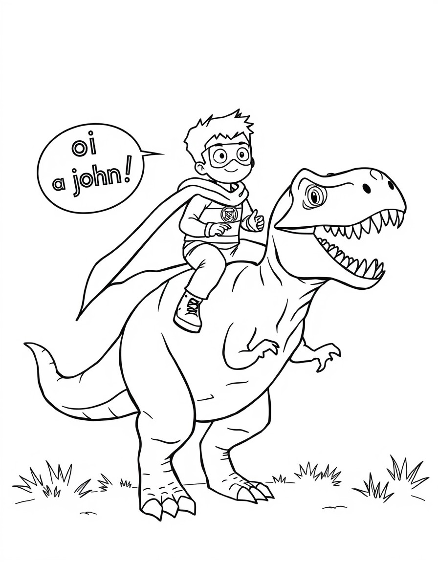 superhero boy riding on top of a rex dinosaur talking 'oi john' in the background